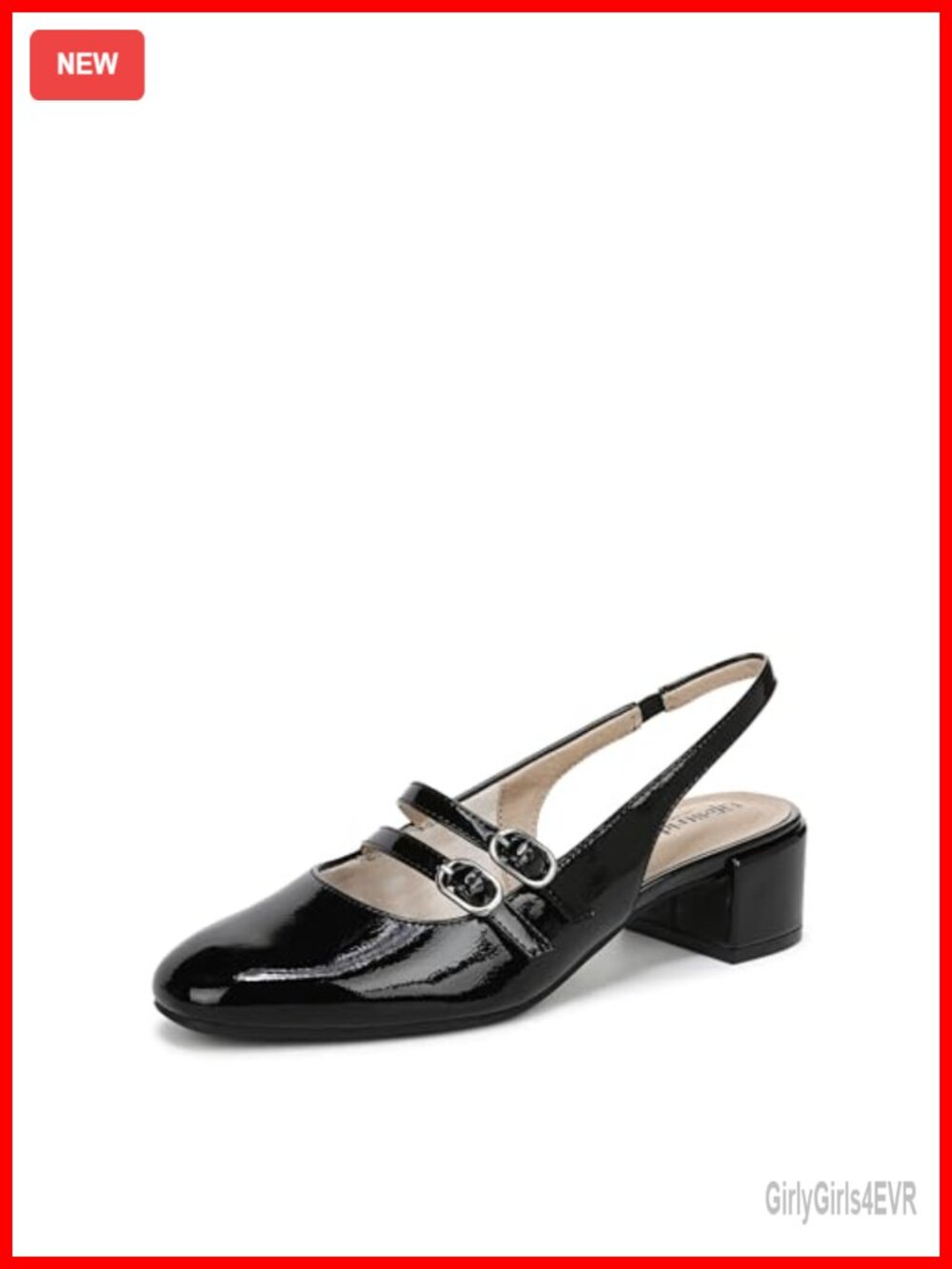 Womens Slingback Block Heel Pump Faux Patent Leather Almond Toe